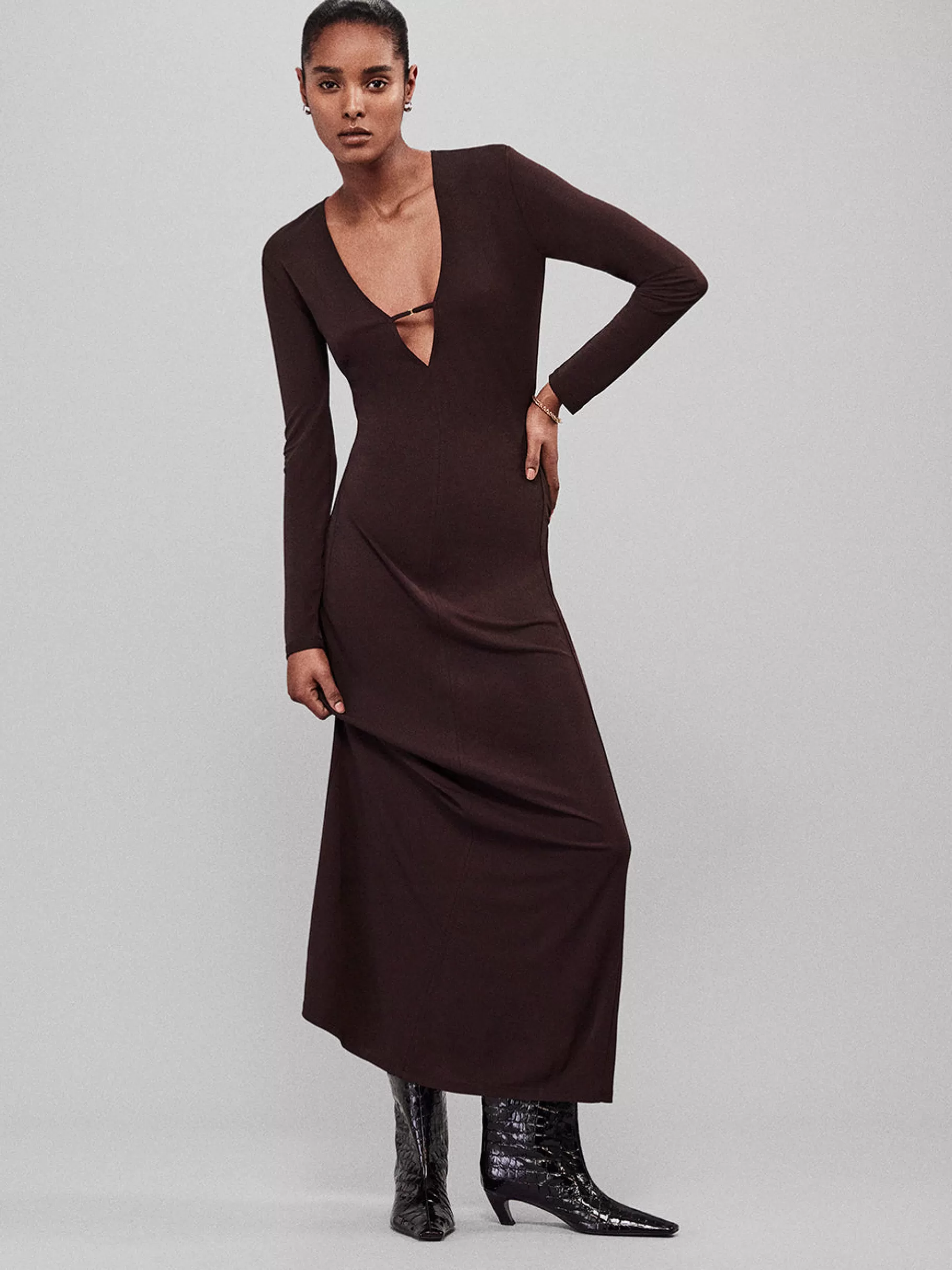 Dresses & Jumpsuits*FRAME Deep V Jersey Dress in Chocolate Brown Chocolatebrown