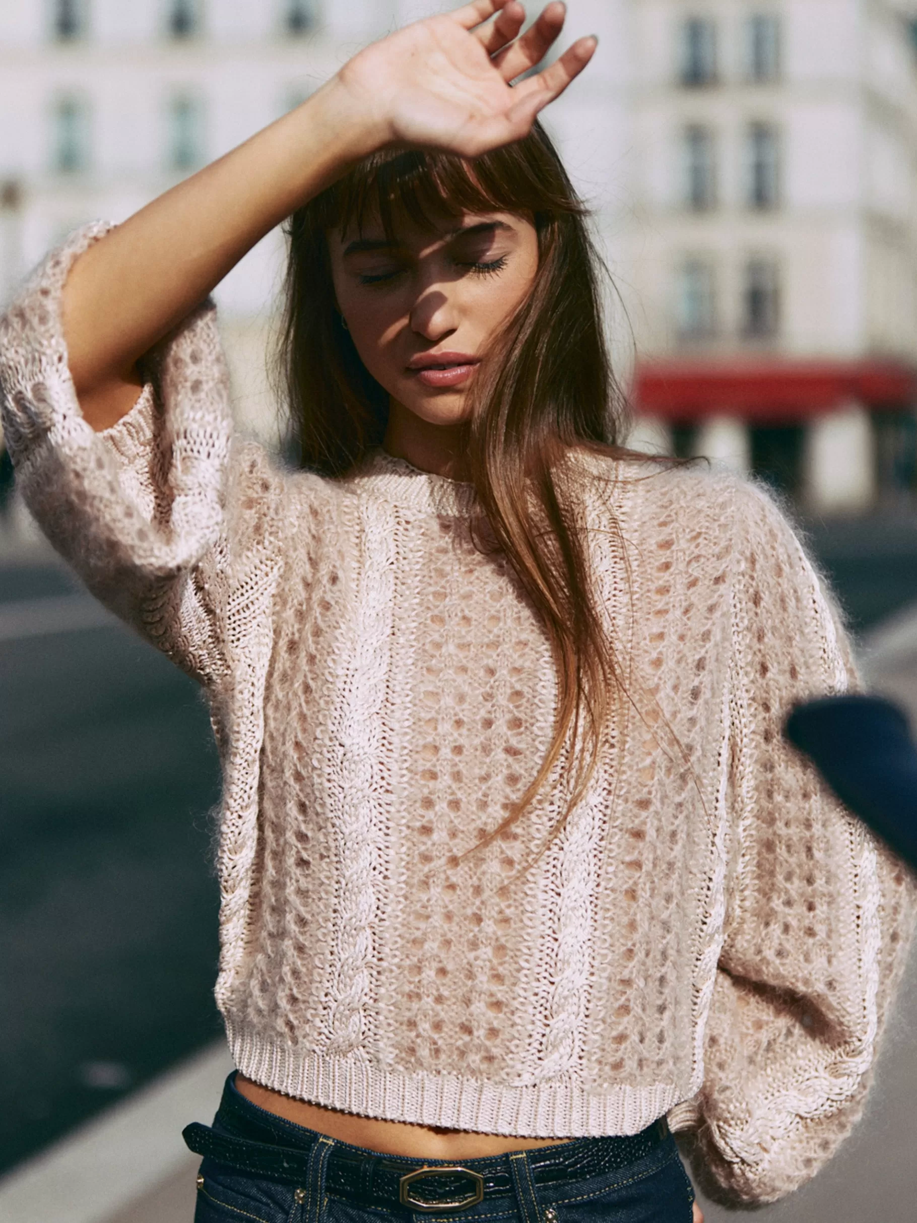 Sweaters*FRAME Femme Cable Mix Sweater in Blush Multi Blushmulti