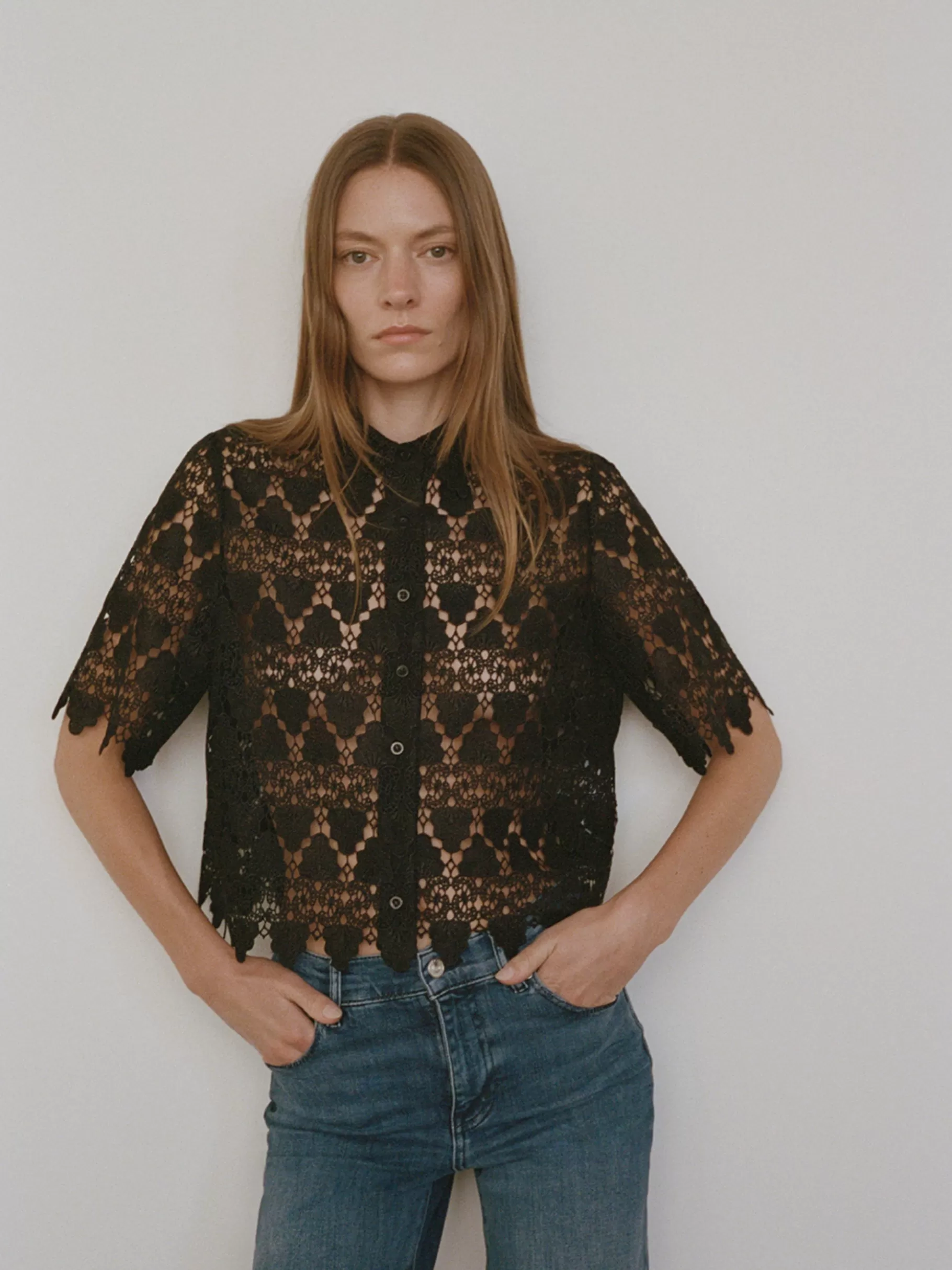 Tops & Blouses*FRAME Lace Button Up Shirt in Black