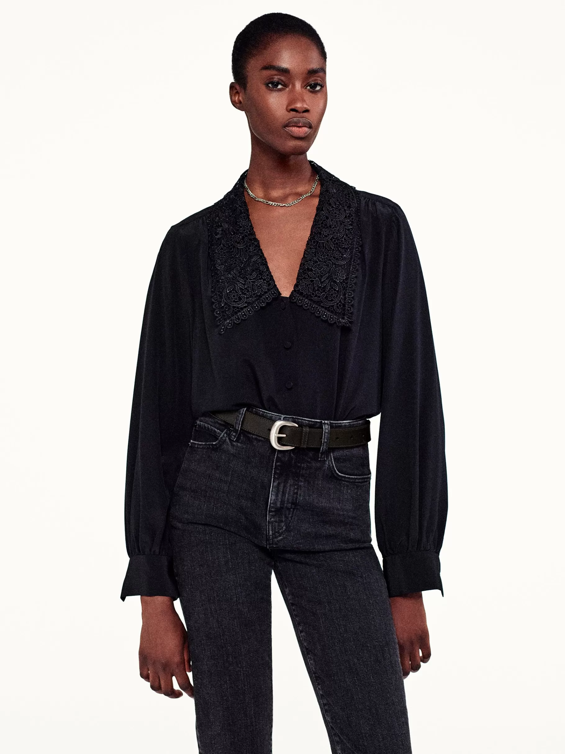 Tops & Blouses*FRAME Lace Collar Blouse in Black