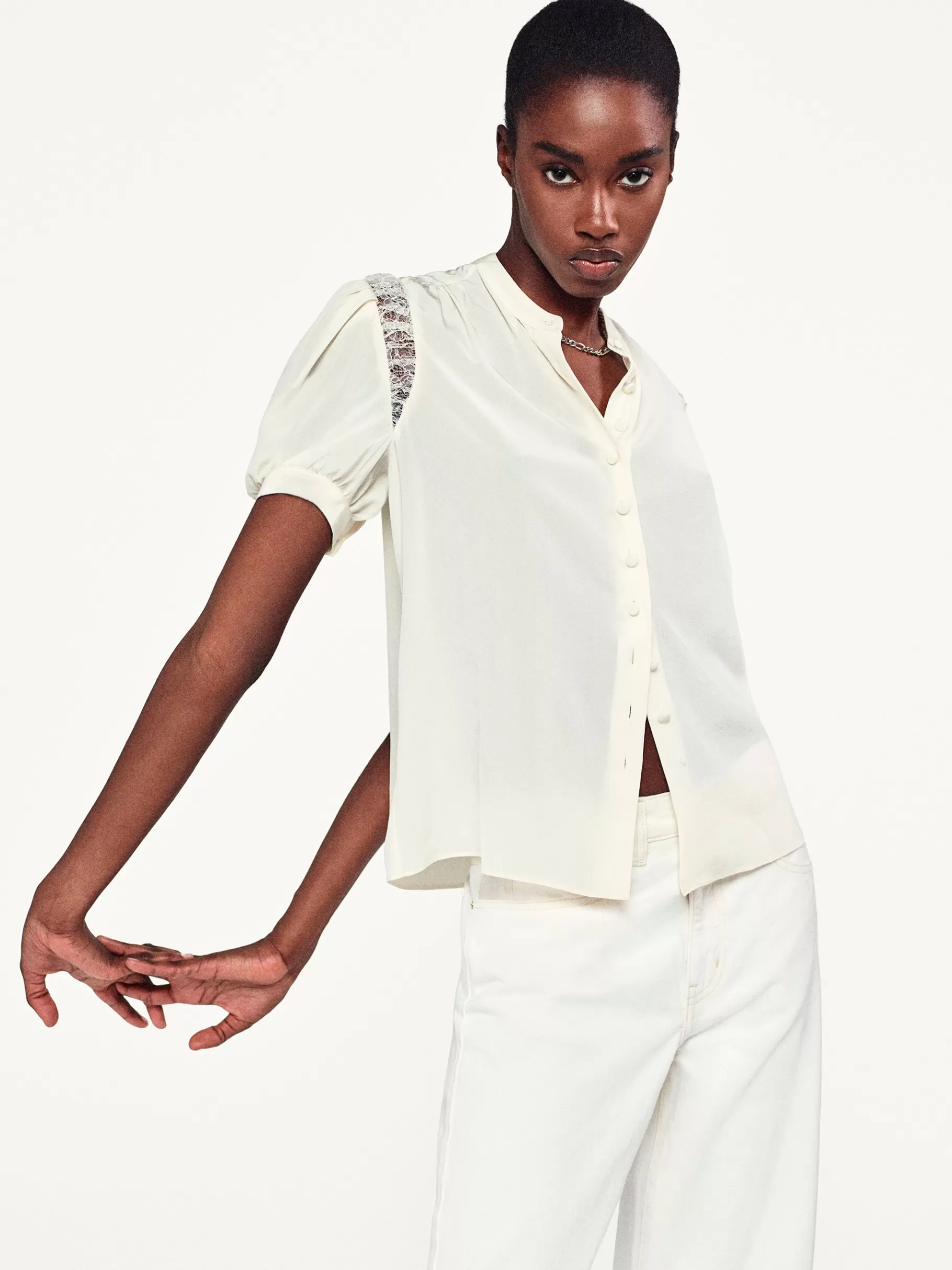 Tops & Blouses*FRAME Lace Shoulder Inset Blouse in Cream