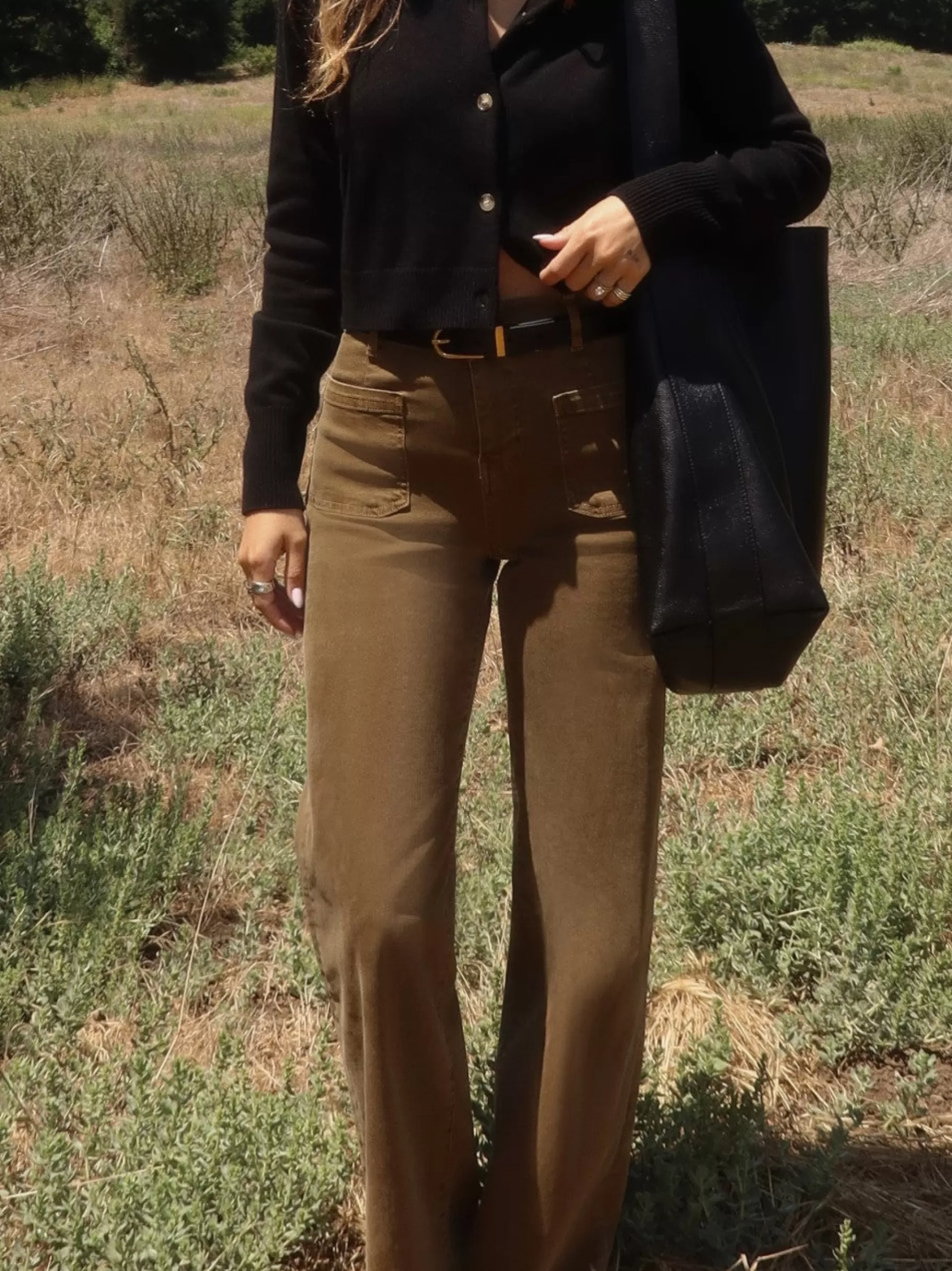 Wide Leg*FRAME Le Slim Palazzo Bardot Pocket in Khaki Green Khakigreen