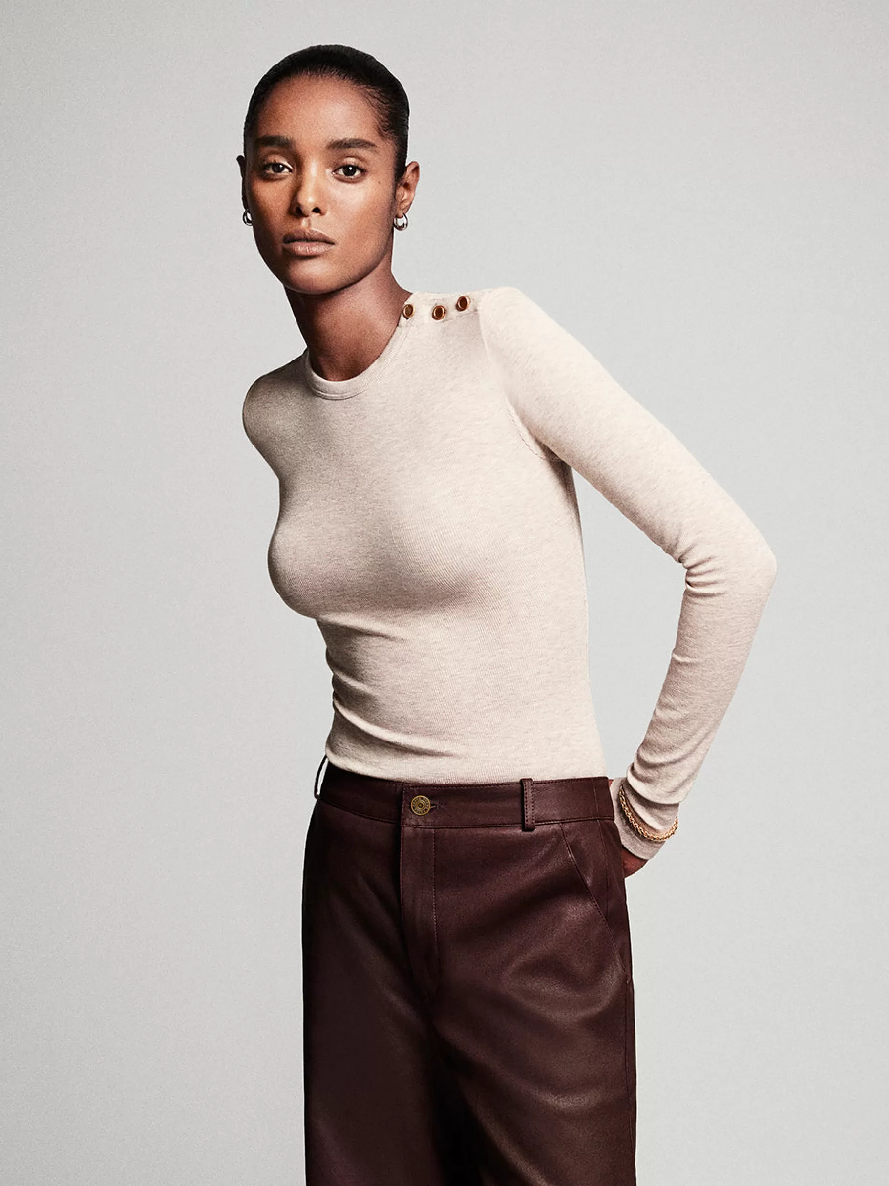 Tanks & Tees*FRAME Long Sleeve Rib Button Crew in Oatmeal Heather Oatmealheather