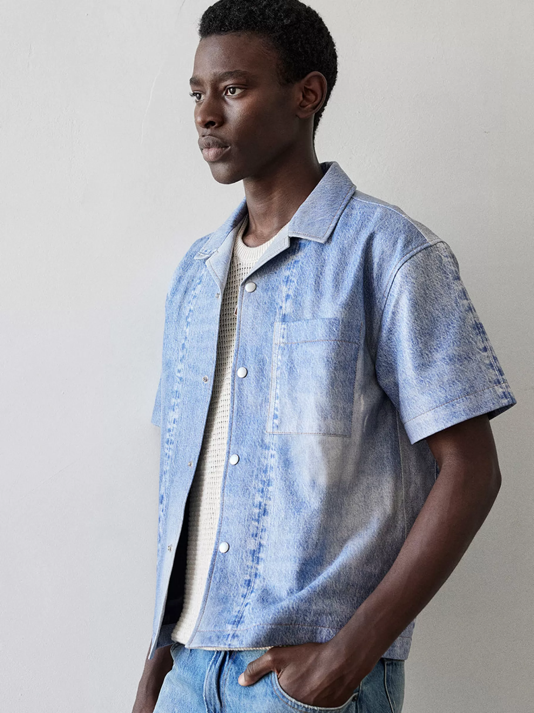 Leather & Suede*FRAME Printed Denim Leather Shirt in Indigo