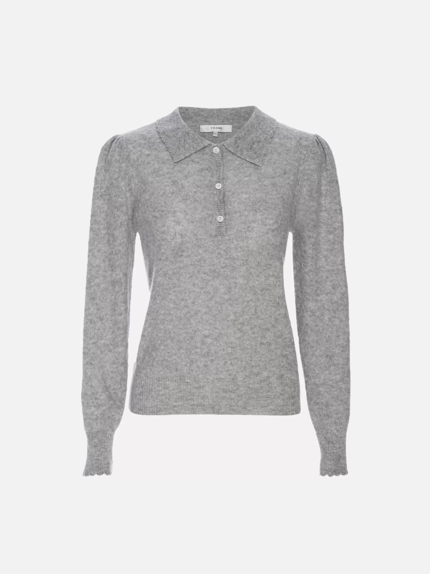 Sweaters*FRAME Scallop Polo Sweater in Light Heather Grey Lightheathergrey