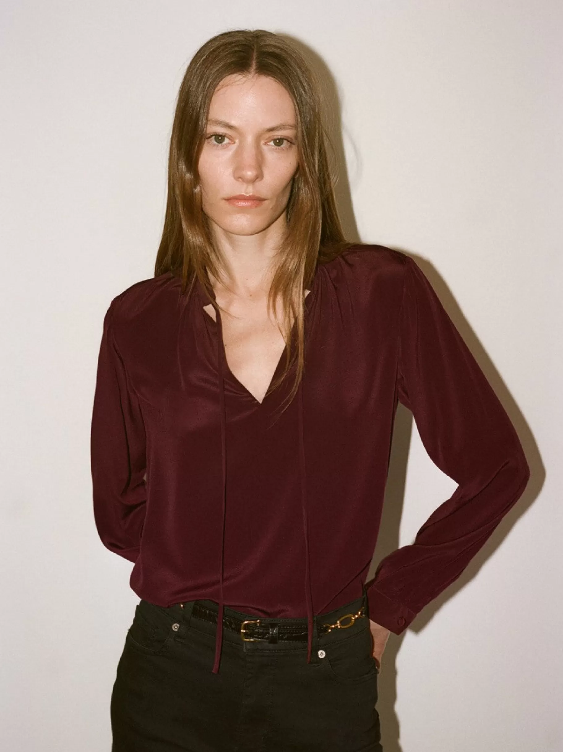 Tops & Blouses*FRAME Shirred Tie Front Blouse in Wine