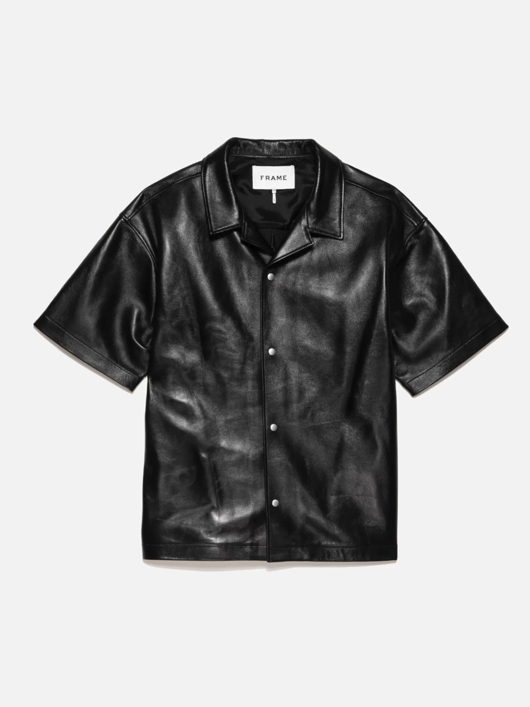 Leather & Suede*FRAME Short Sleeve Leather Camp Shirt in Black