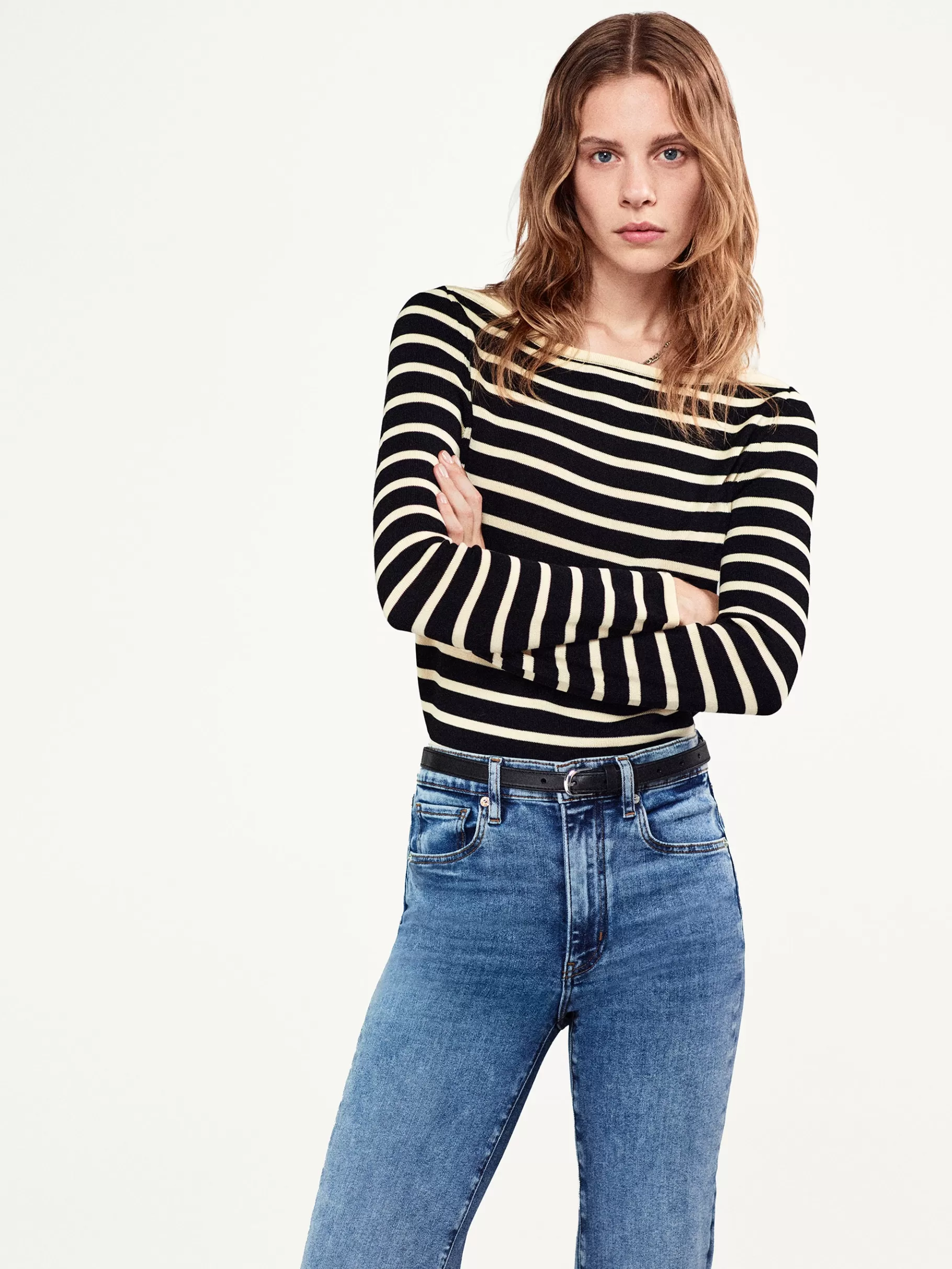 Sweaters*FRAME Striped Boatneck Sweater in Black Multi Blackmulti