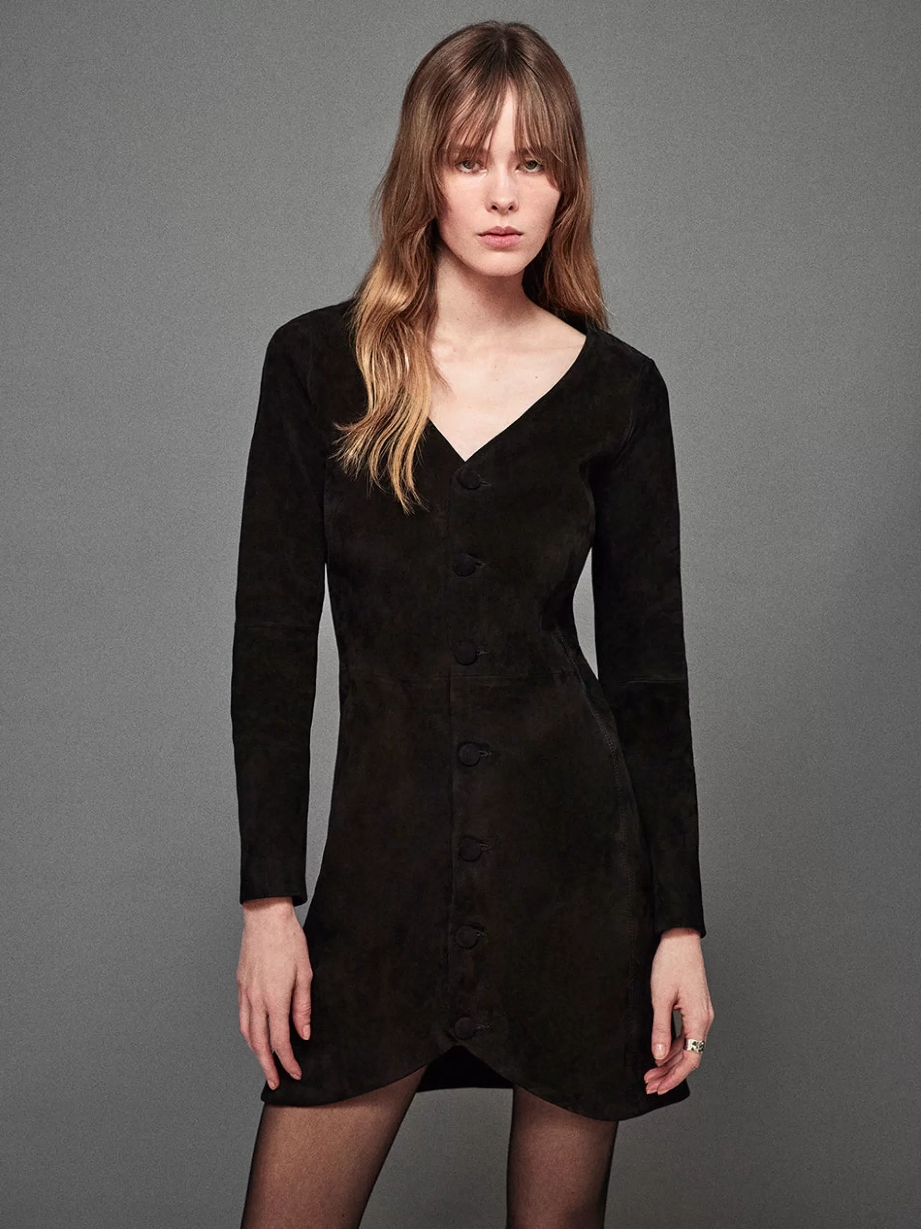 Leather & Suede | Dresses & Jumpsuits*FRAME Suede Button Front Mini Dress in Black