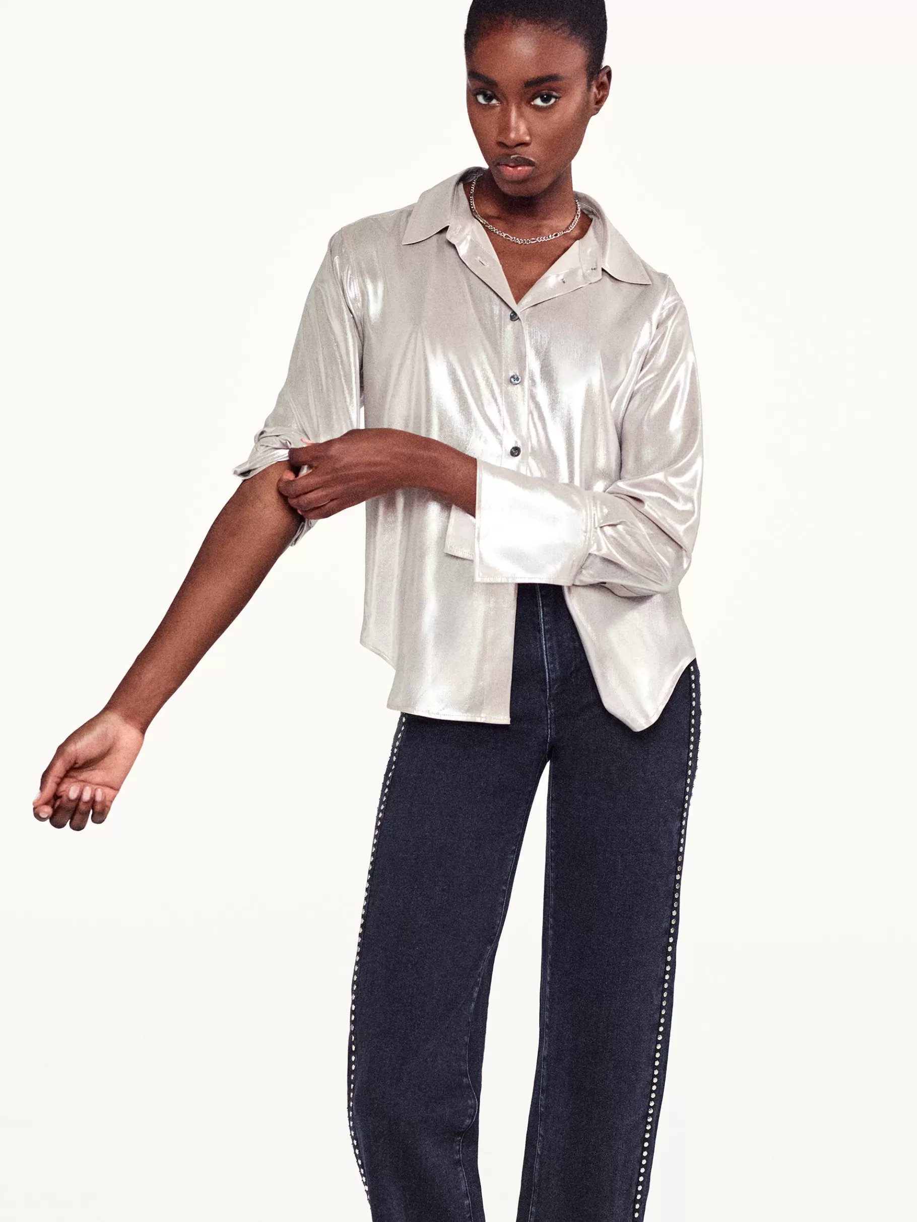 Tops & Blouses*FRAME The Standard Shirt in Silver Lame Silverlame